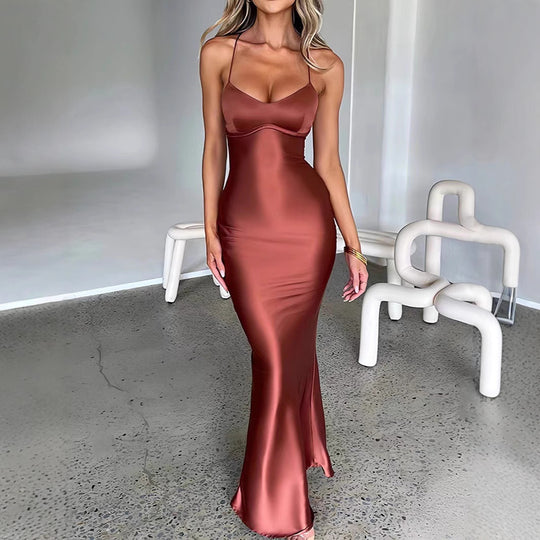 Damen Glamouröses Langarm-Maxi-Kleid mit verstellbaren Trägern und figurbetontem Schnitt R&B