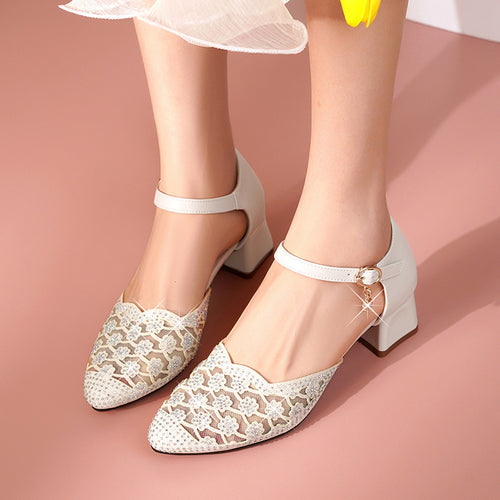 Damen Pumps mit funkelndem Strass und elegantem Fesselriemen Heidi-Mode