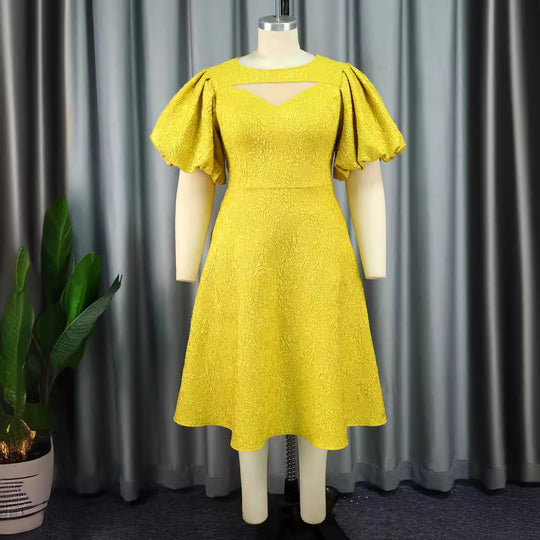 Damen Midi-Kleid mit voluminösen Puffärmeln und dekorativem Ausschnitt R&B