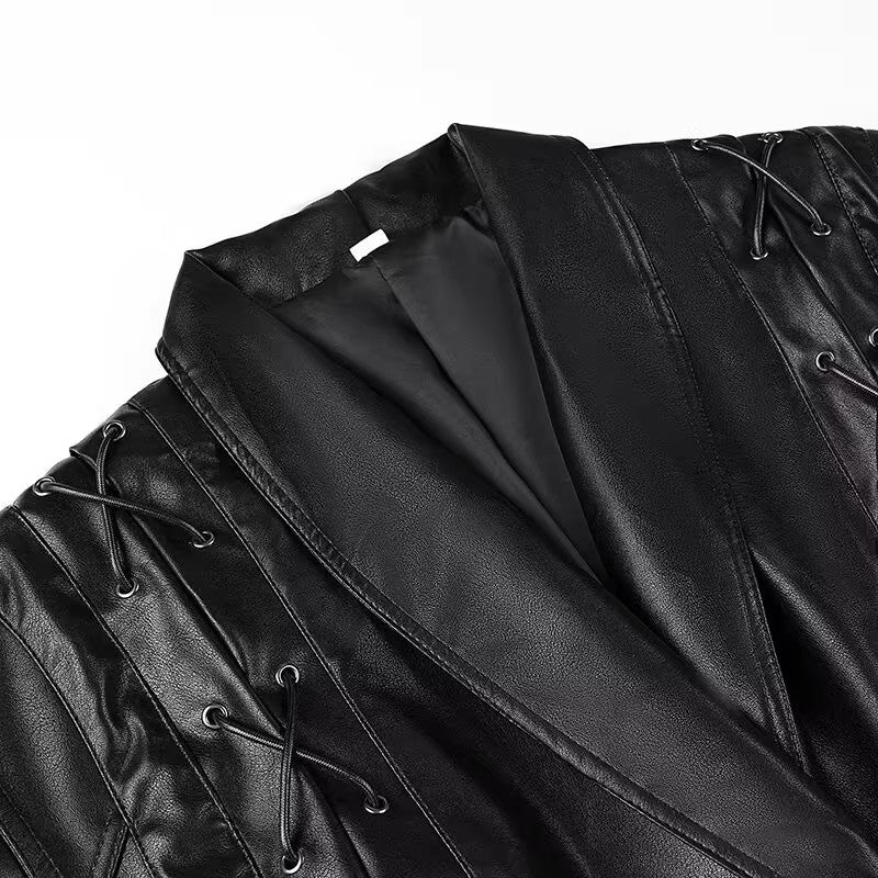 Damen Kunstlederjacke mit edlem Bindegürtel und raffinierten Schnürdetails R&B
