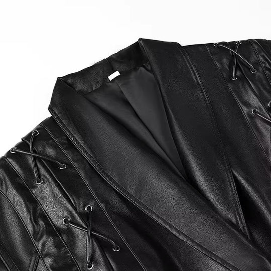 Damen Kunstlederjacke mit edlem Bindegürtel und raffinierten Schnürdetails R&B