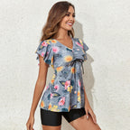 Damen Badeoberteil mit floralem Design und voluminösen Rüschendetails R&B