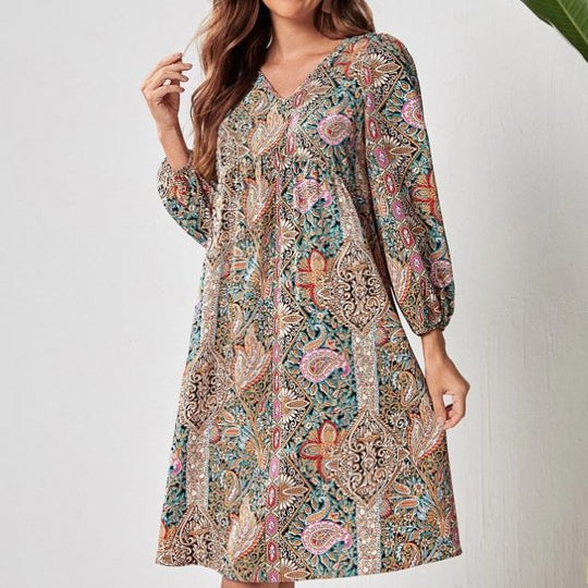 Damen Freizeitkleid mit tiefem V-Ausschnitt und langen Ärmeln R&B