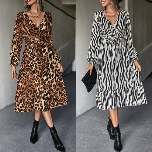 Damen Wickelkleid im modischen Leopardenmuster mit elastischem Taillengürtel R&B