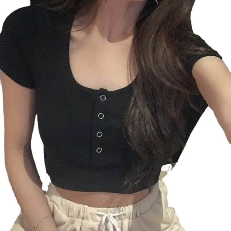 Damen Crop-Top-T-Shirt mit Knopfleiste und elastischem Bund