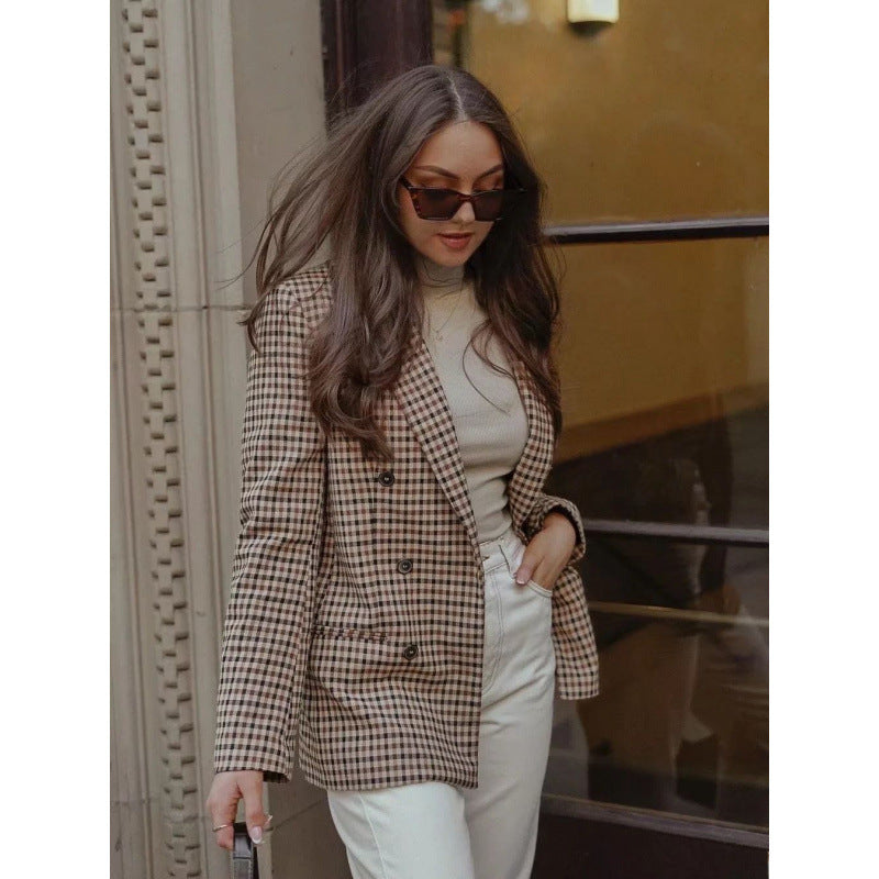 Damen kariertes Blazerjacke mit doppelter Knopfreihe und idealem Schnitt R&B
