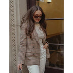 Damen kariertes Blazerjacke mit doppelter Knopfreihe und idealem Schnitt R&B
