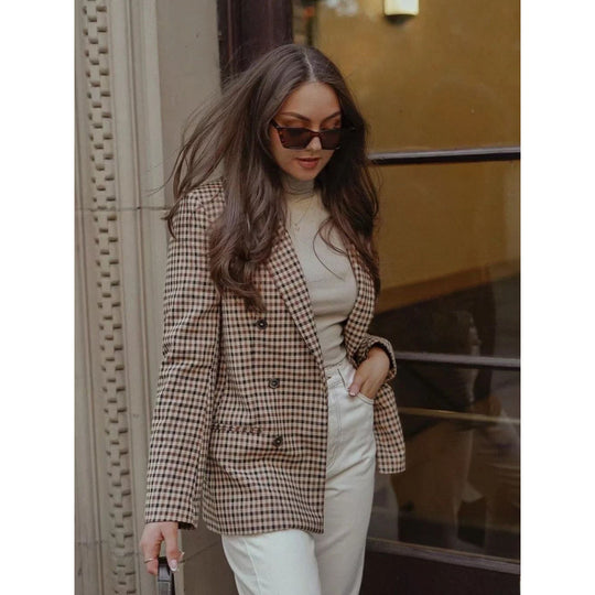 Damen kariertes Blazerjacke mit doppelter Knopfreihe und idealem Schnitt R&B
