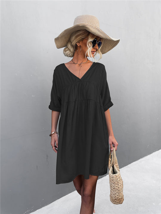 Damen lässiges V-Ausschnitt Sommerkleid mit taillierter Passform und leichtem Stoff R&B