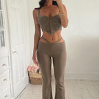 Damen Trendiges Set aus Crop-Top mit Knopfdetails und Flared-Hosen R&B