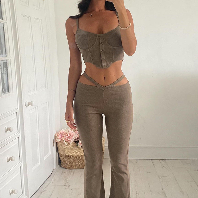 Damen Trendiges Set aus Crop-Top mit Knopfdetails und Flared-Hosen R&B