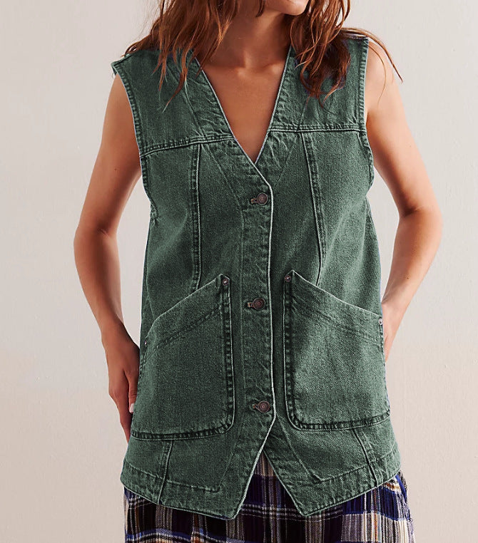 Damen Denim-Latzjacke mit praktischen Taschen und modischem V-Ausschnitt R&B