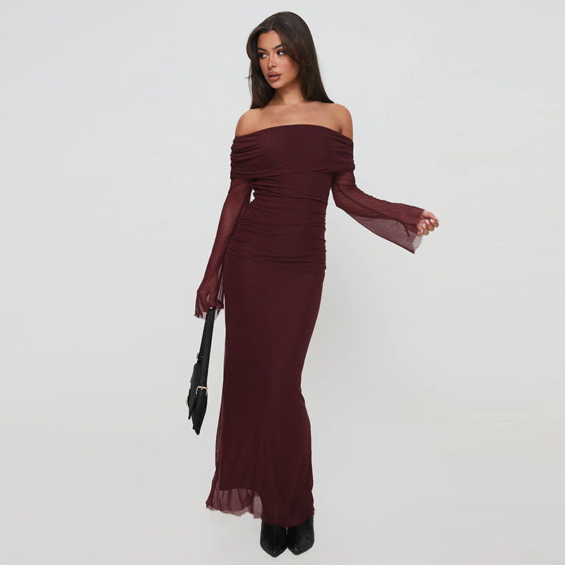 Damen figurbetontes Maxikleid mit schulterfreiem Design und Rüschendetails R&B