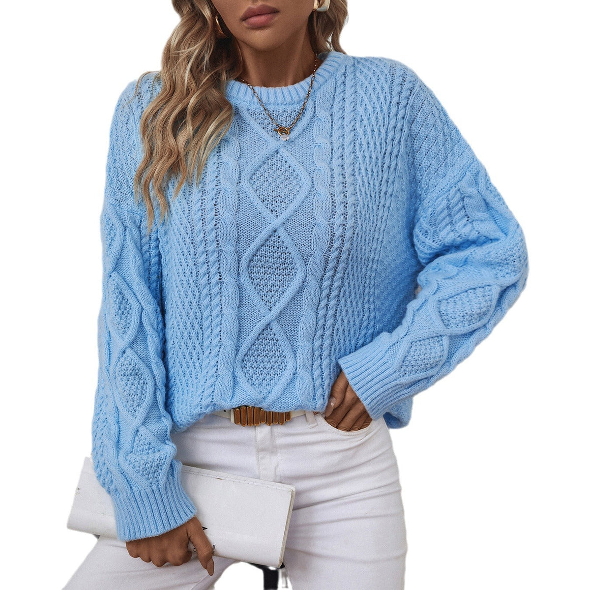 Damen Strickpullover mit strukturiertem Zopfdesign und Rundhalsausschnitt
