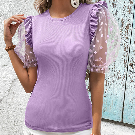 Damen modisches Oberteil mit transparenten Puffärmeln und Rüschendetails R&B