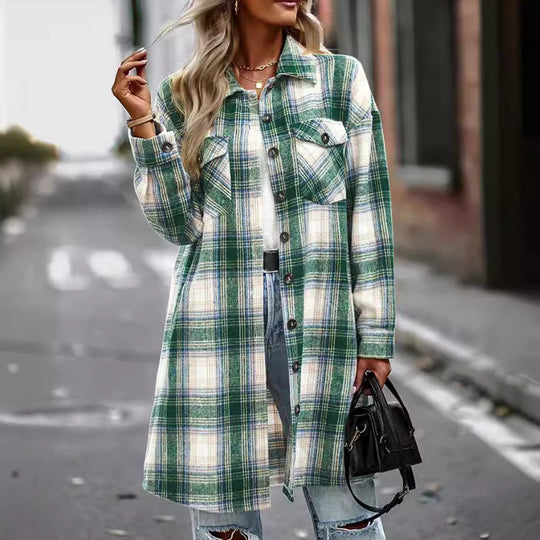 Damen Langarmhemdjacke im Karomuster mit großen Taschen R&B