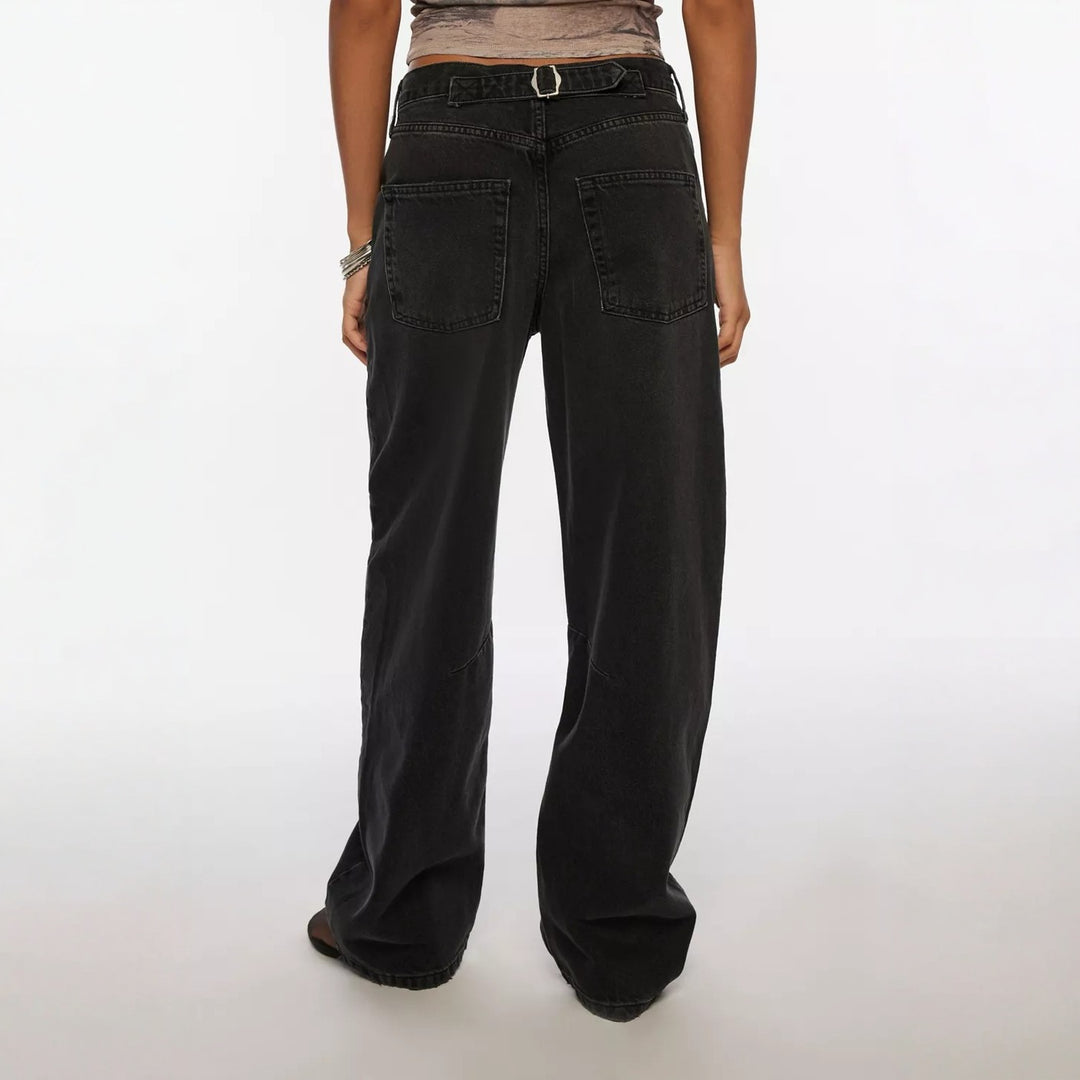 Damen lässige weite Jeans mit hoch geschnittenem Bund und seitlichen Taschen R&B