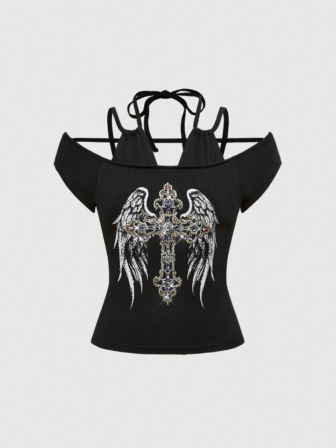 Damen Off-Shoulder Top mit funkelndem Kreuz-Design R&B