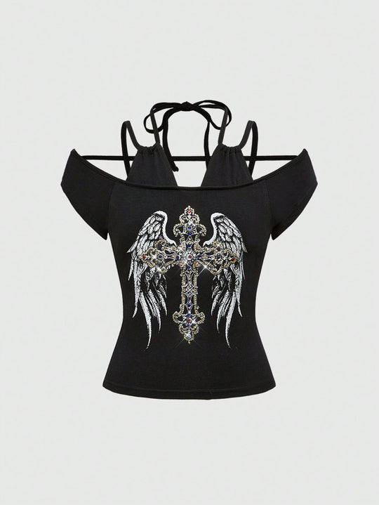 Damen Off-Shoulder Top mit funkelndem Kreuz-Design R&B