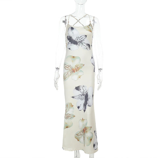 Damen elegantes Maxikleid mit floralem Muster und verstellbaren Spaghetti-Trägern R&B