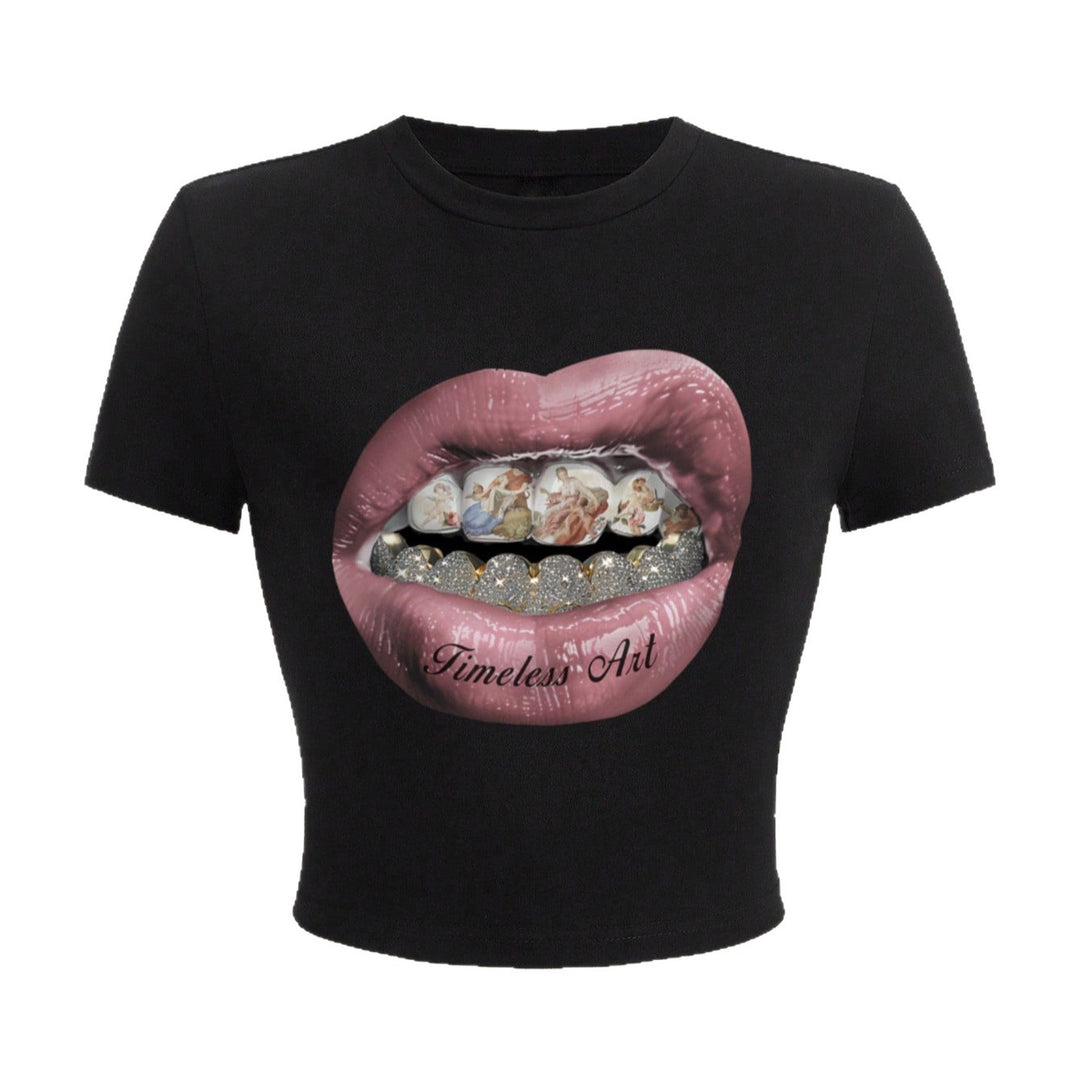 Damen Crop-T-Shirt mit kreativem Grafikdesign und einzigartigem Statement R&B
