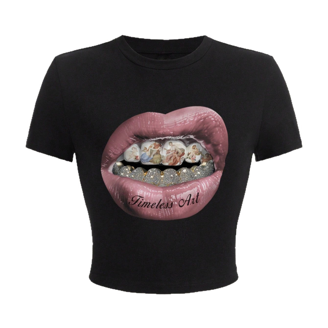 Damen Crop-T-Shirt mit kreativem Grafikdesign und einzigartigem Statement R&B