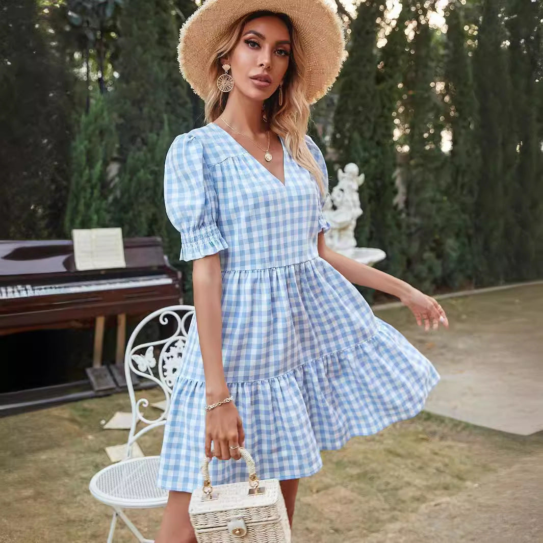 Damen Gingham-Kleid mit Volant und Puffärmeln R&B