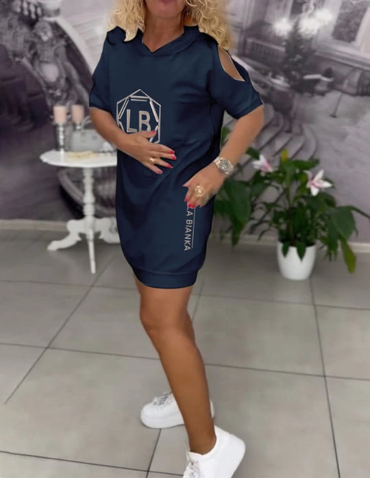 Damen nan sportliches Kapuzen-Tunika-Kleid mit Schulterauschnitten und Logoprint R&B