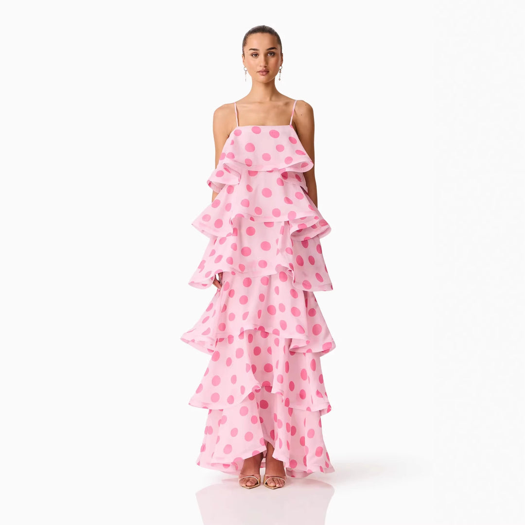Damen Maxikleid mit verspielten Rüschen und Punkten R&B