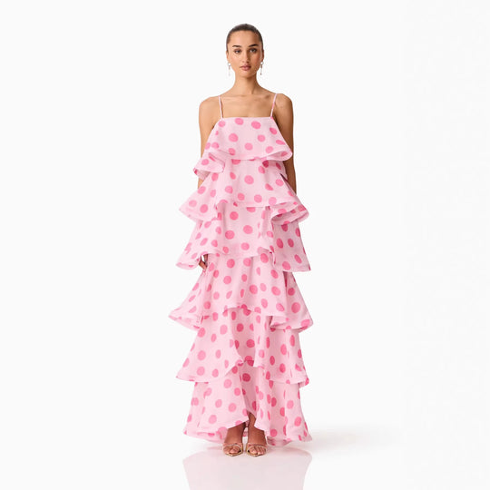 Damen Maxikleid mit verspielten Rüschen und Punkten R&B
