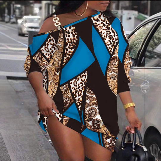 Damen asymmetrisches Kleid mit modischem Grafikdesign und einem Schulter-Detail R&B