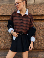 Damen Gestreifter Polo-Pullover mit Knopfleiste und langem Schnitt R&B