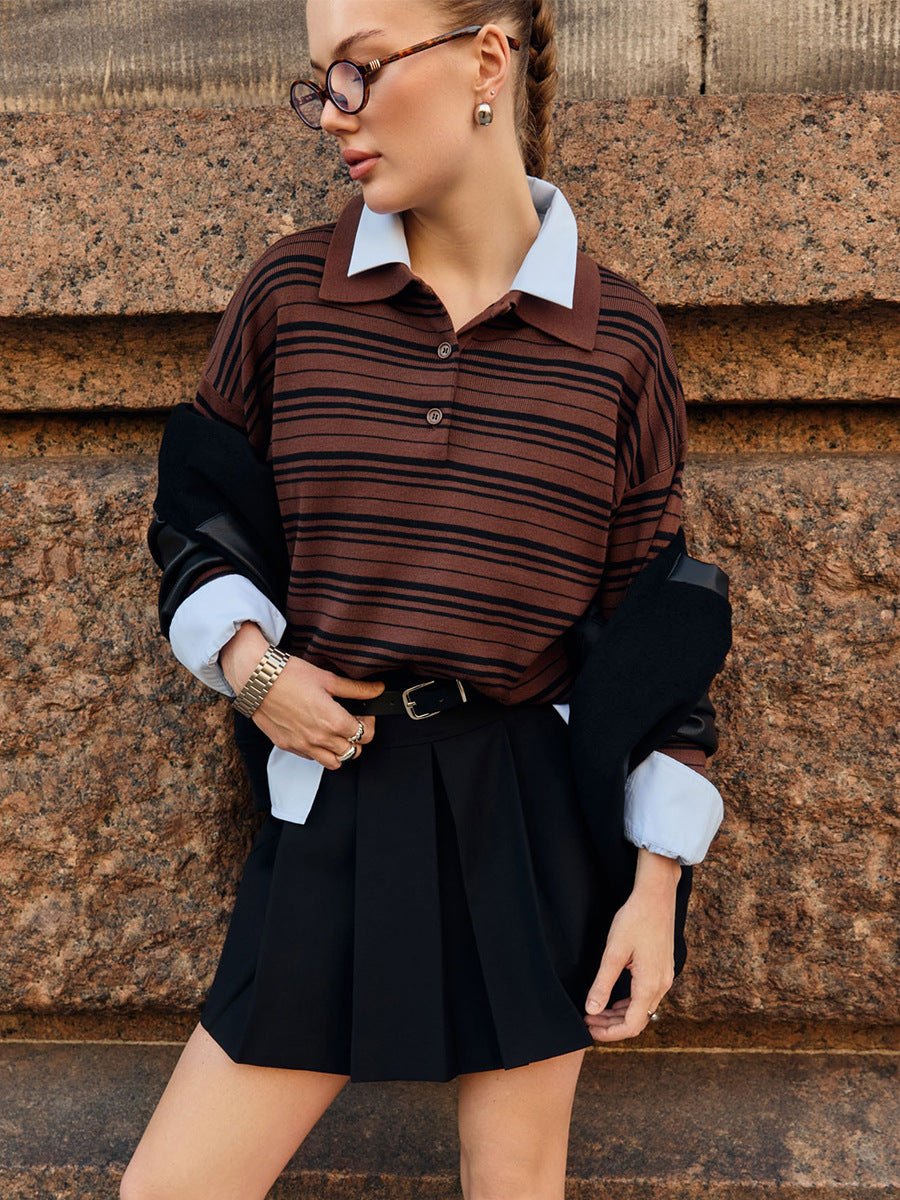 Damen Gestreifter Polo-Pullover mit Knopfleiste und langem Schnitt R&B