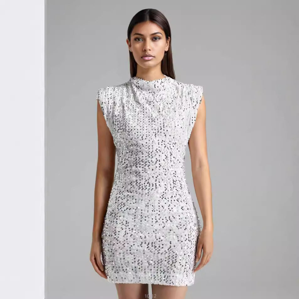 Damen Funkelndes Pailletten-Minikleid mit Stehkragen und Schulterpolstern R&B