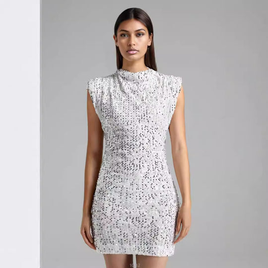 Damen Funkelndes Pailletten-Minikleid mit Stehkragen und Schulterpolstern R&B