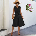 Damen Midi-Kleid mit elegantem Taillengürtel und modischem Faltenrock R&B