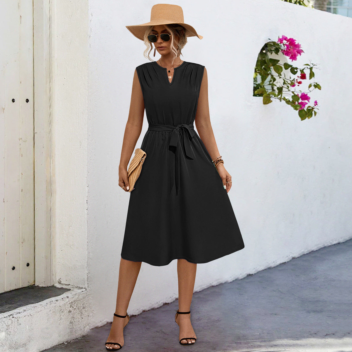 Damen Midi-Kleid mit elegantem Taillengürtel und modischem Faltenrock R&B