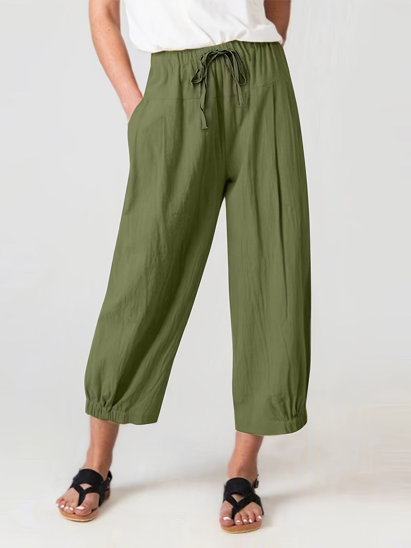 Damen lockere Leinenhose mit elastischem Bund und modernen Raffungen