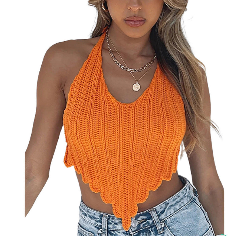 Damen Strick-Crop-Top mit asymmetrischem Saum und stilvollem Häkelmuster R&B