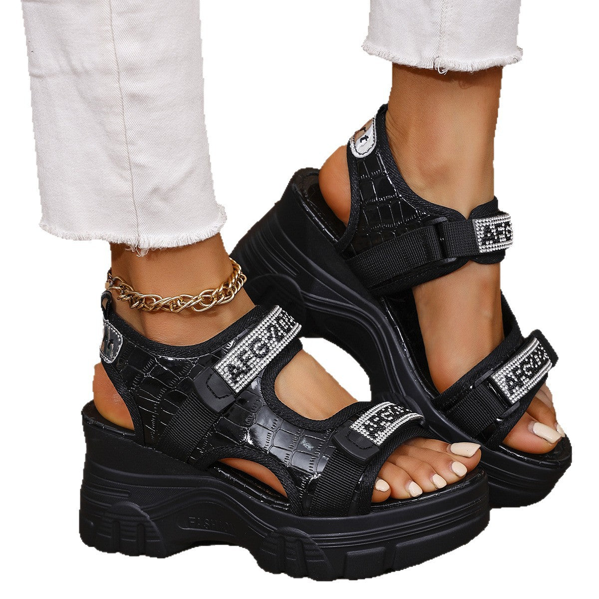 Damen modische Sandalen mit komfortablem Velcro-Verschluss und strukturierter Sohle R&B