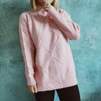 Damen Grobstrickpullover mit elegantem Rautenmuster und hohem Kragen R&B