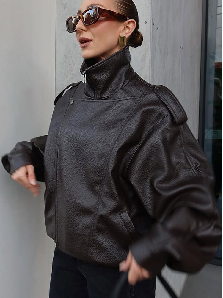 Damen Oversized Kunstlederjacke mit hohem Kragen und voluminösen Ärmeln R&B