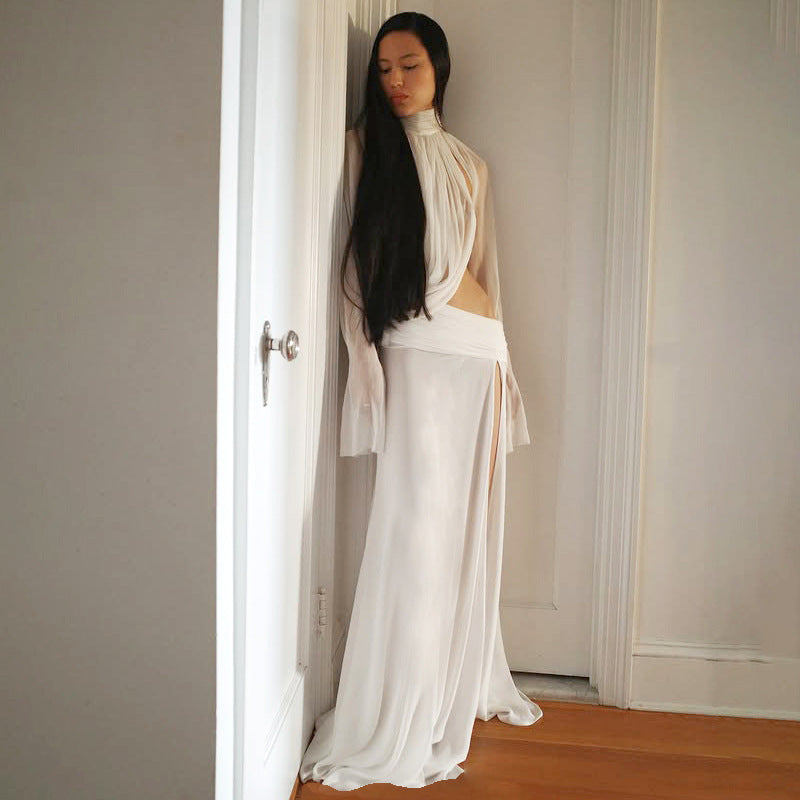 Damen elegantes Maxikleid mit durchscheinenden Ärmeln und seitlichem Schlitz R&B
