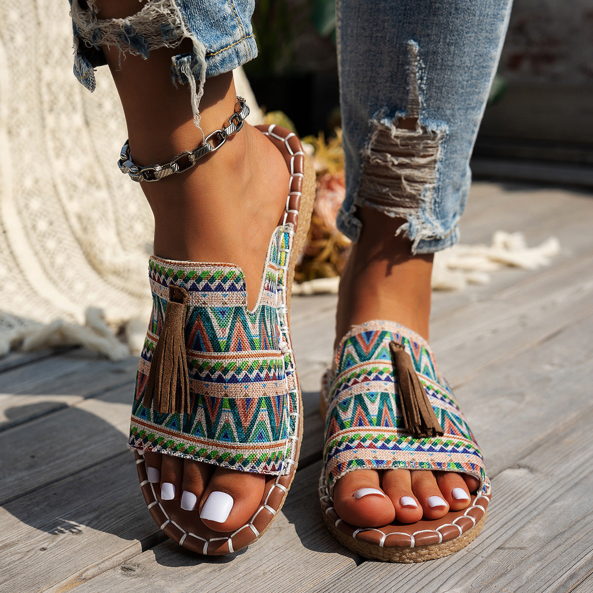 Damen Gemusterte Sandalen mit dekorativen Quasten und rutschfester Sohle R&B