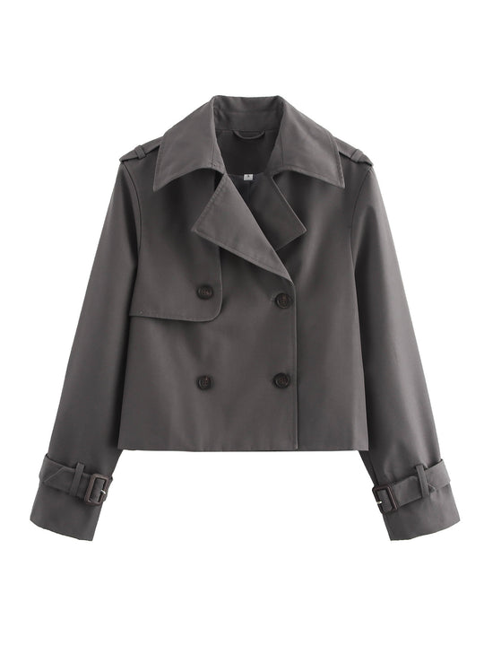 Damen cropped Trenchjacke mit doppelter Knopfleiste und verstellbaren Ärmeln R&B