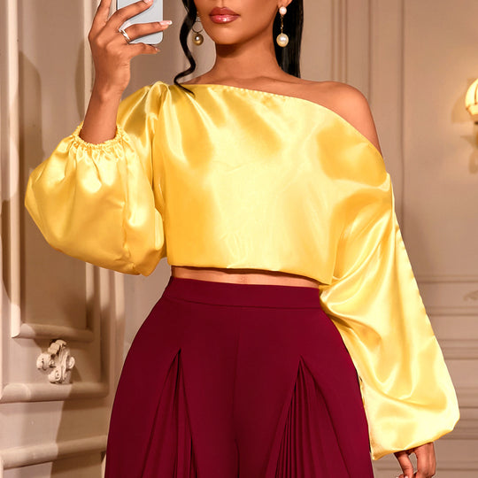 Damen elegantes asymmetrisches Oberteil mit voluminösen Puffärmeln R&B