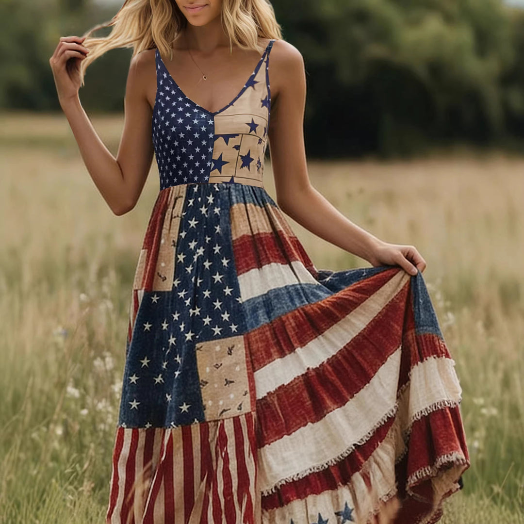 Damen Lange Sommerkleid mit buntem Patchwork-Design und V-Ausschnitt R&B