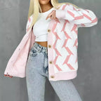 Damen gemütlicher Strickcardigan mit modernem Blitze-Design und Knopfverschluss R&B