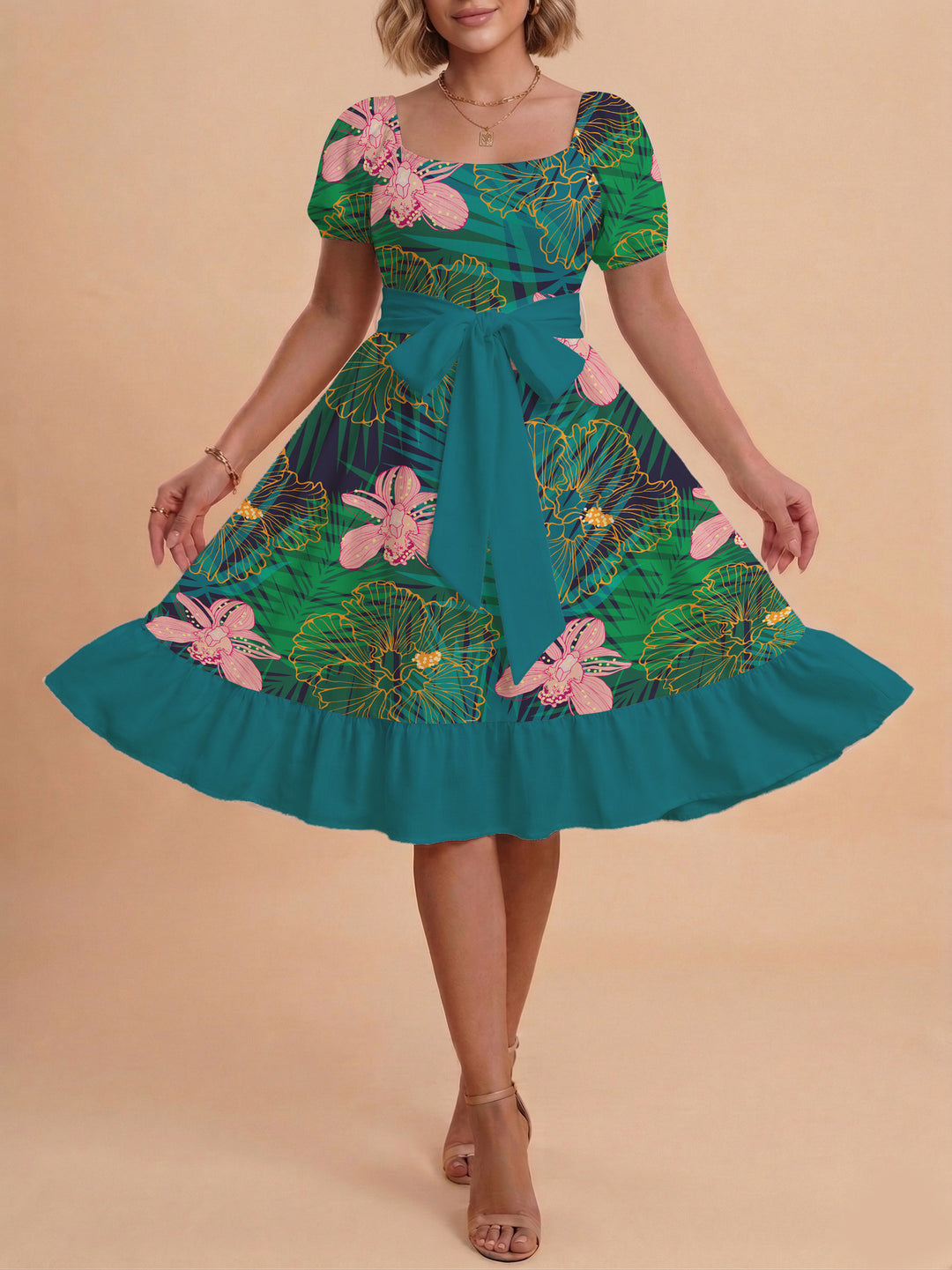 Damen Blumenkleid mit taillierbarem Gürtel und voluminösen Ärmeln R&B