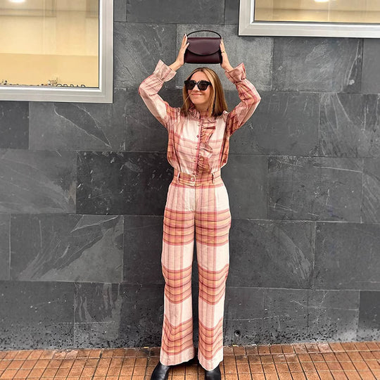 Damen Karomuster Jumpsuit mit Gürtel und Rüschen R&B